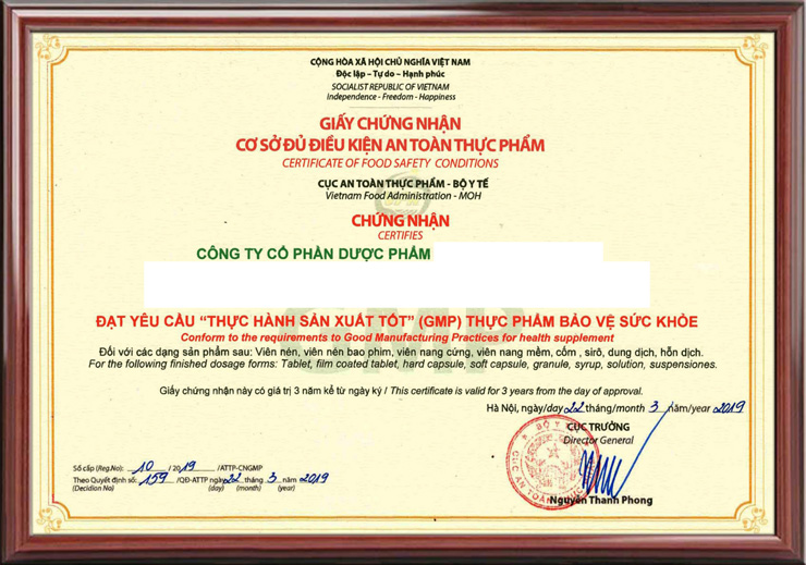 mẫu chứng nhận GMP sản xuất TPCN